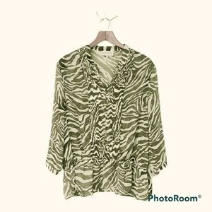 Jones New York Blouse Zebra Peplum Pintuck XL Olive Green White